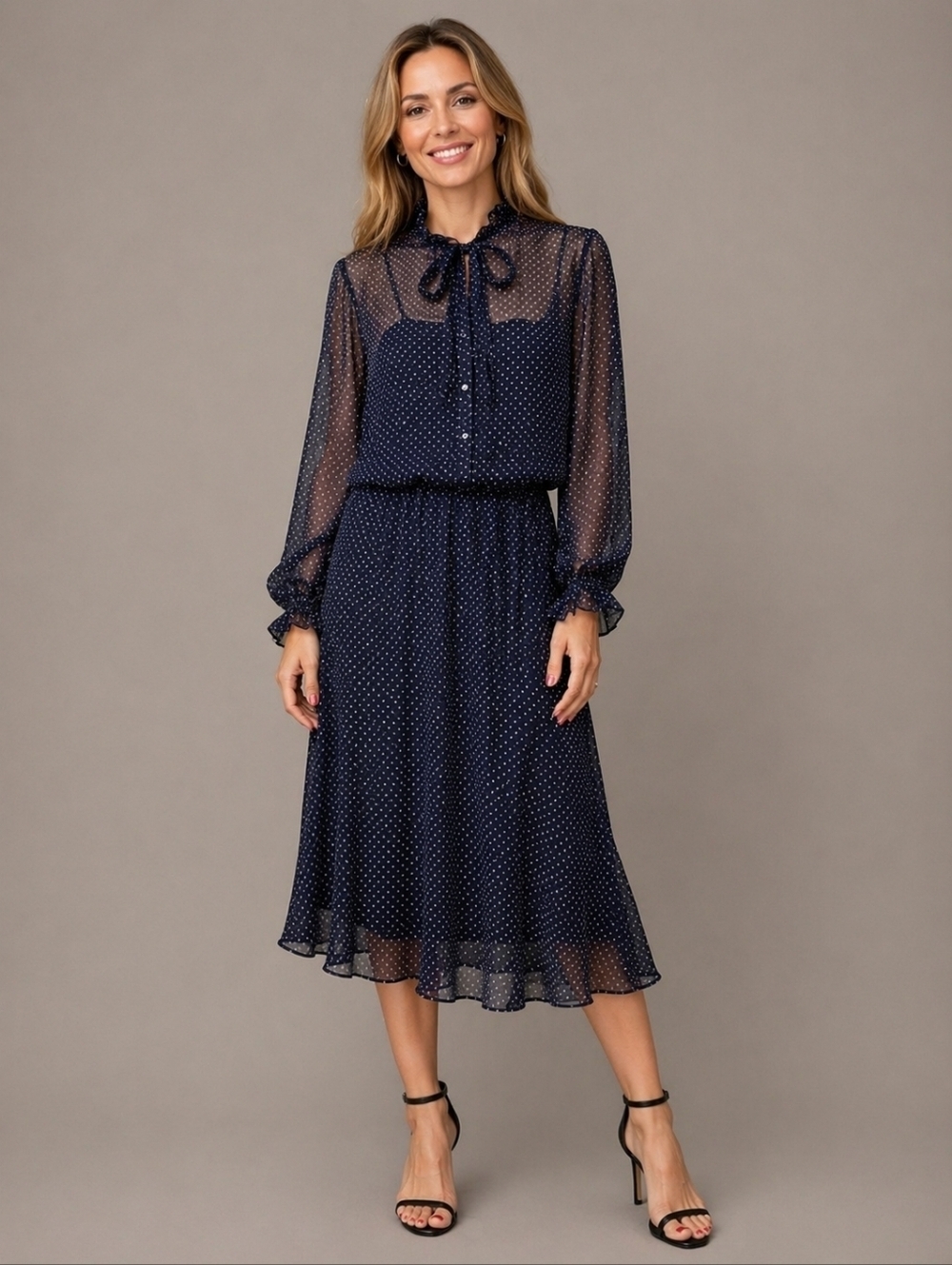 VTG AJ BARI Navy Pin Dot Chiffon Blouson Ruffle Bow Tie Castlecore Shirt Dress